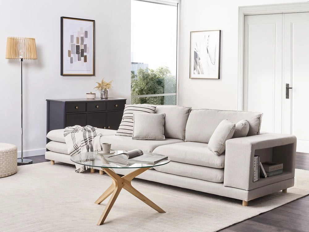 Divano moderno modulare a 2 posti tessuto beige chiaro con schienale imbottito con pouf classico