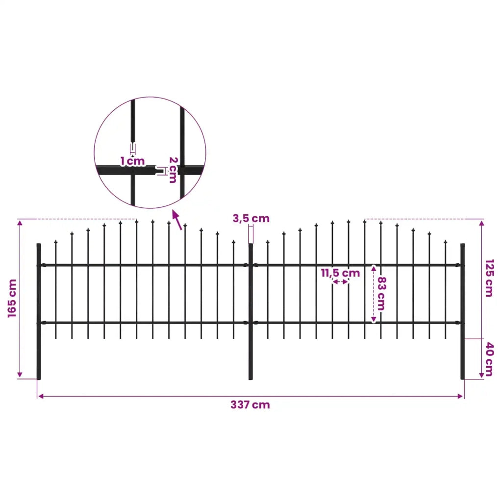 Recinzione da Giardino con Punta a Lancia in Acciaio 337x125 cm Nero 277722
