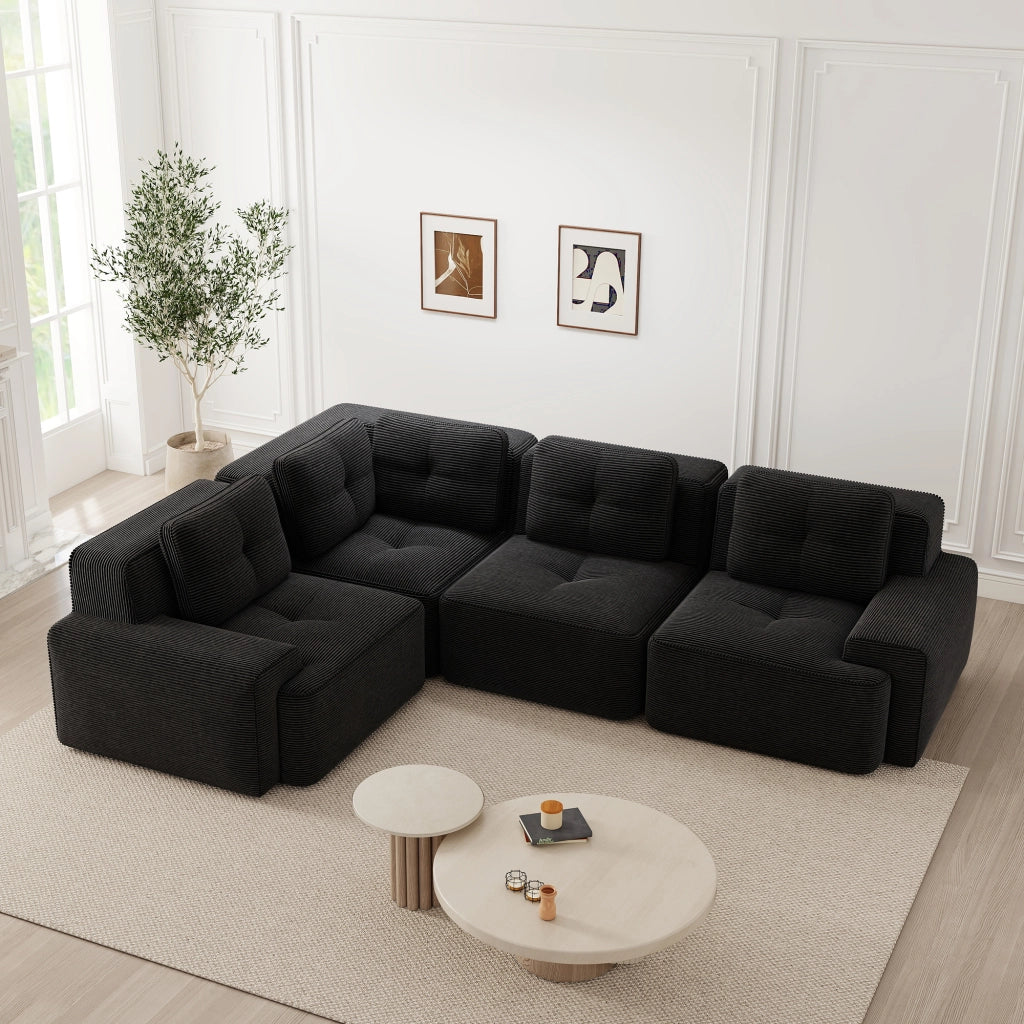Divano angolare modulare senza montaggio con design antiscivolo e seduta profonda in velluto a coste nero per soggiorno