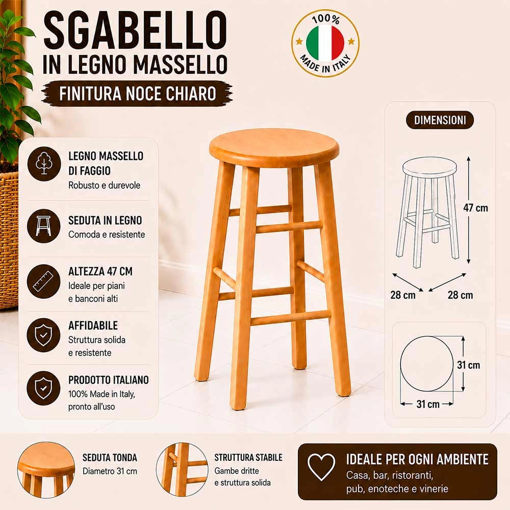 Sgabello bar di legno con seduta rotonda h 47 cm noce chiaro gamba dritti