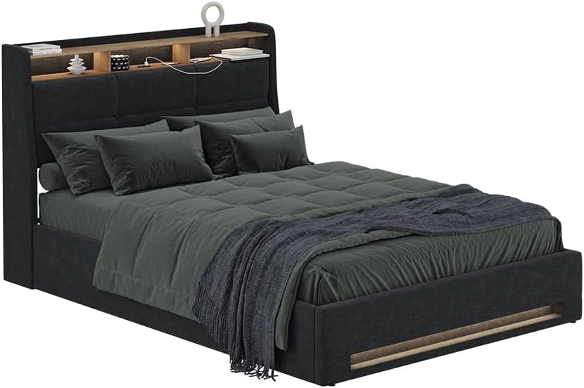 Letto imbottito Christin, Antracite/quercia, con materasso, LED e connessione USB, con rete a doghe e contenitore integrato