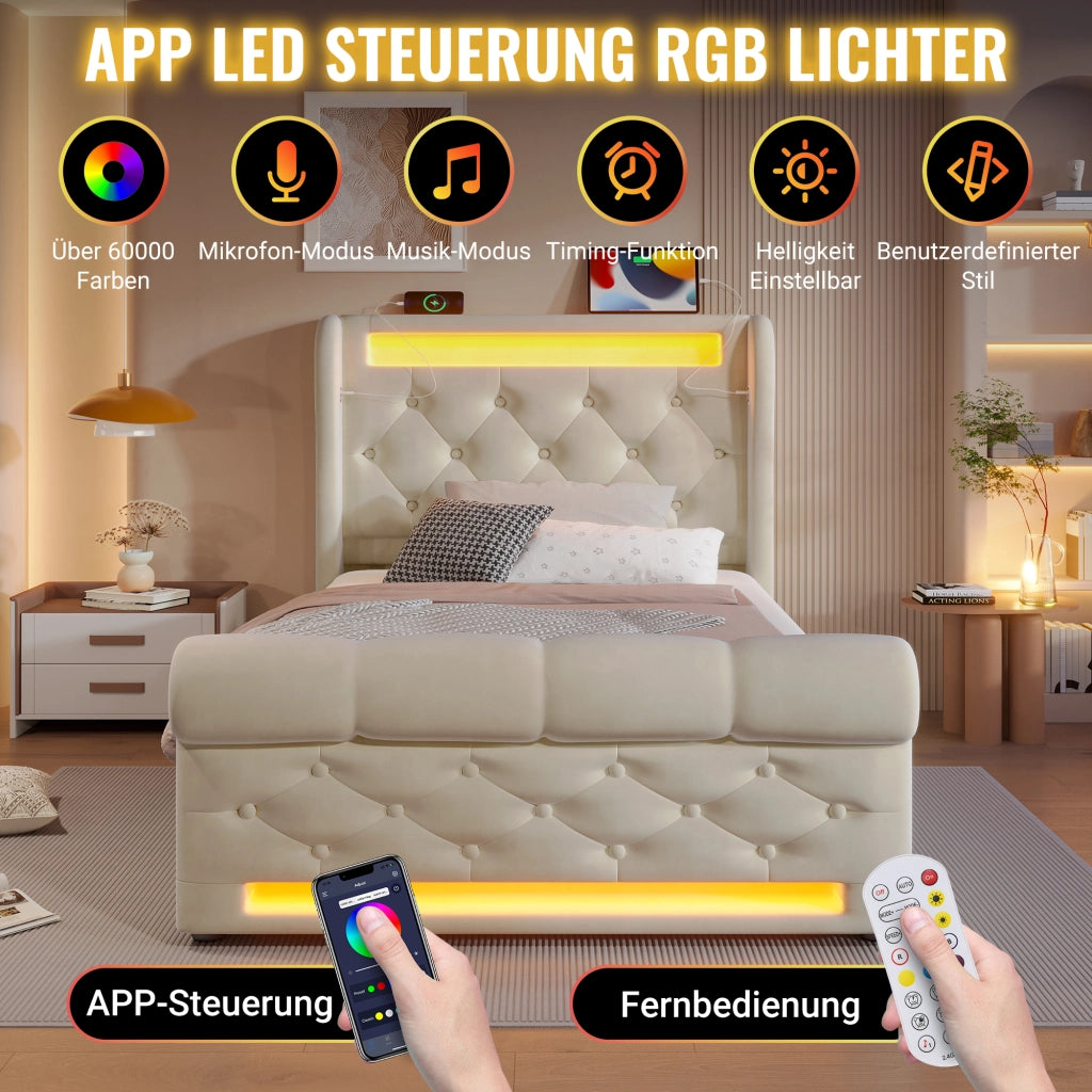 Letto singolo moderno – 90x200 cm – LED USBC contenitore con materasso – velluto beige