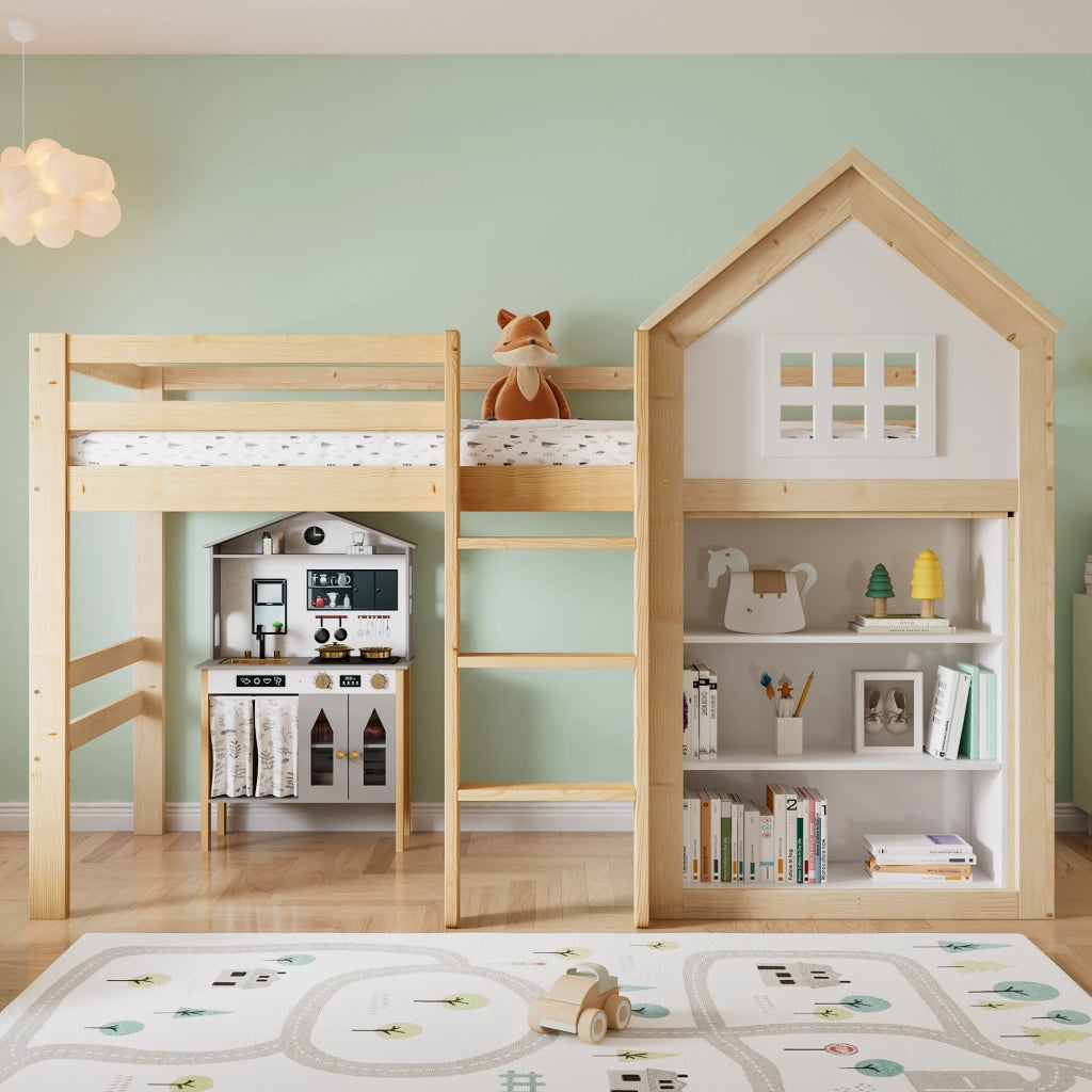 LETTO A CASTELLO per bambini con vani e cassetti 90x200 cm bianco/naturale