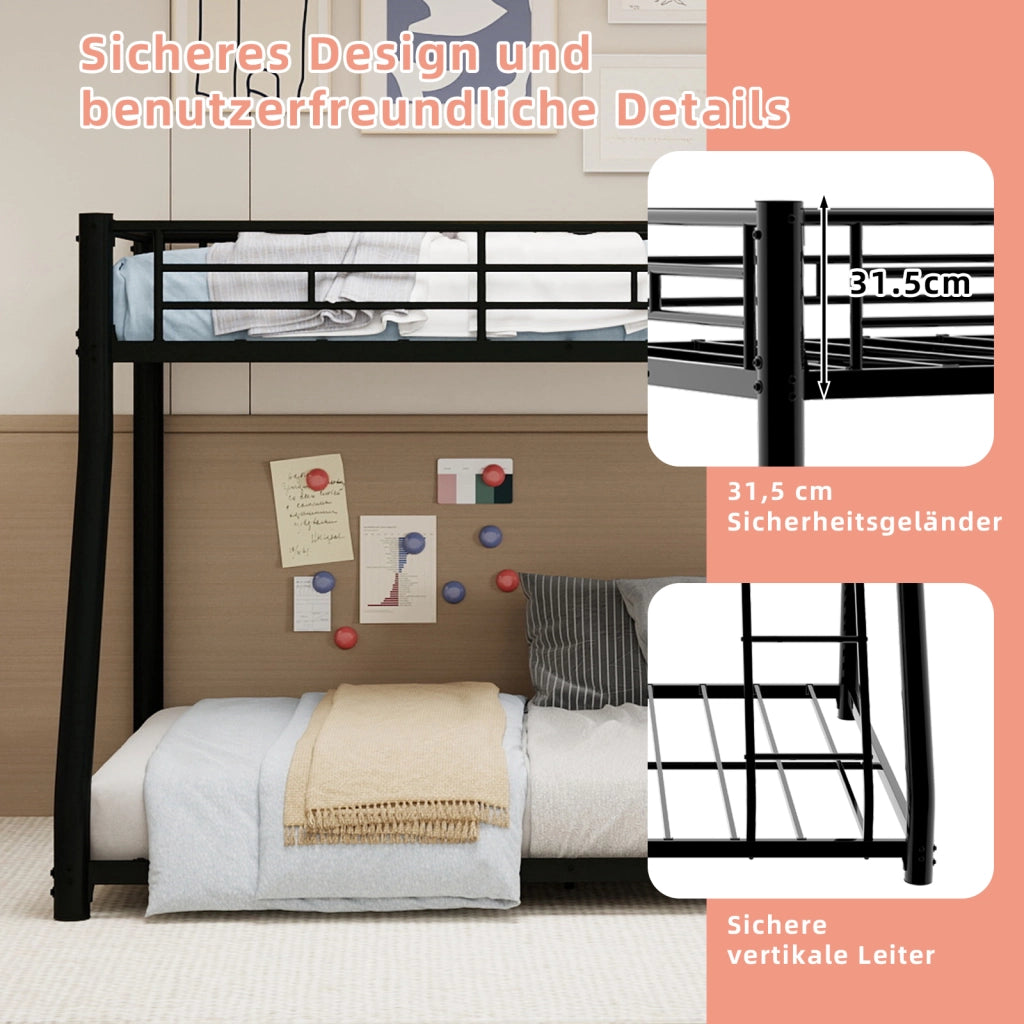 Letto a castello due livelli 90 × 190 e 140 × 190 cm con scala e sponde in ferro nero