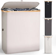 Lavatrice Grande con 2 Comparti e Coperchio 140L - Lavatrice Moderna per Bagno e Camera da Letto con Maniglie - Lavatrice Pieghevole con Applicazione in Bambù Beige
