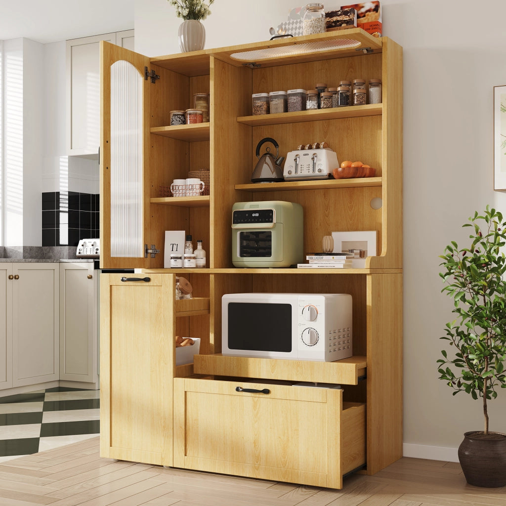 Credenza alta con ripiani regolabili e cassetto, ante in vetro rigato per cucina, in MDF naturale, 98 × 40 × 177 cm