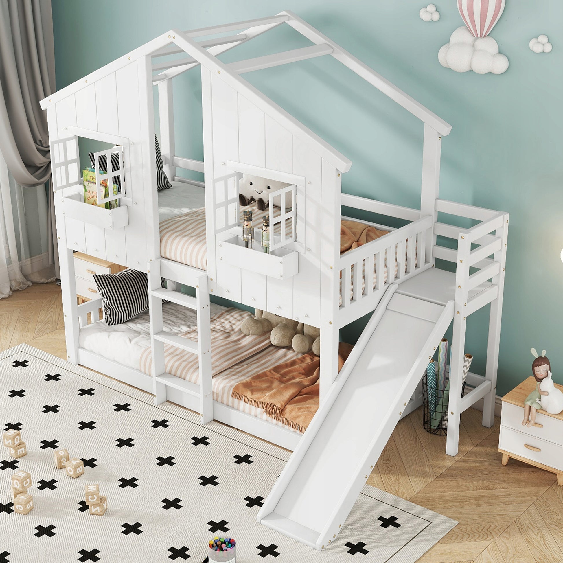 Letto a castello 90x200 - Xylo - Bianco con scivolo e tetto