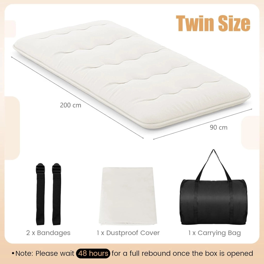 Materasso Futon Pieghevole, Tatami Futon Giapponese Portatile con Borsa, Copertura Lavabile, 2 Bende Incluse, Letto Futon Spesso e Traspirante per Camera da Letto per Adulti (Beige,Twin XL)
