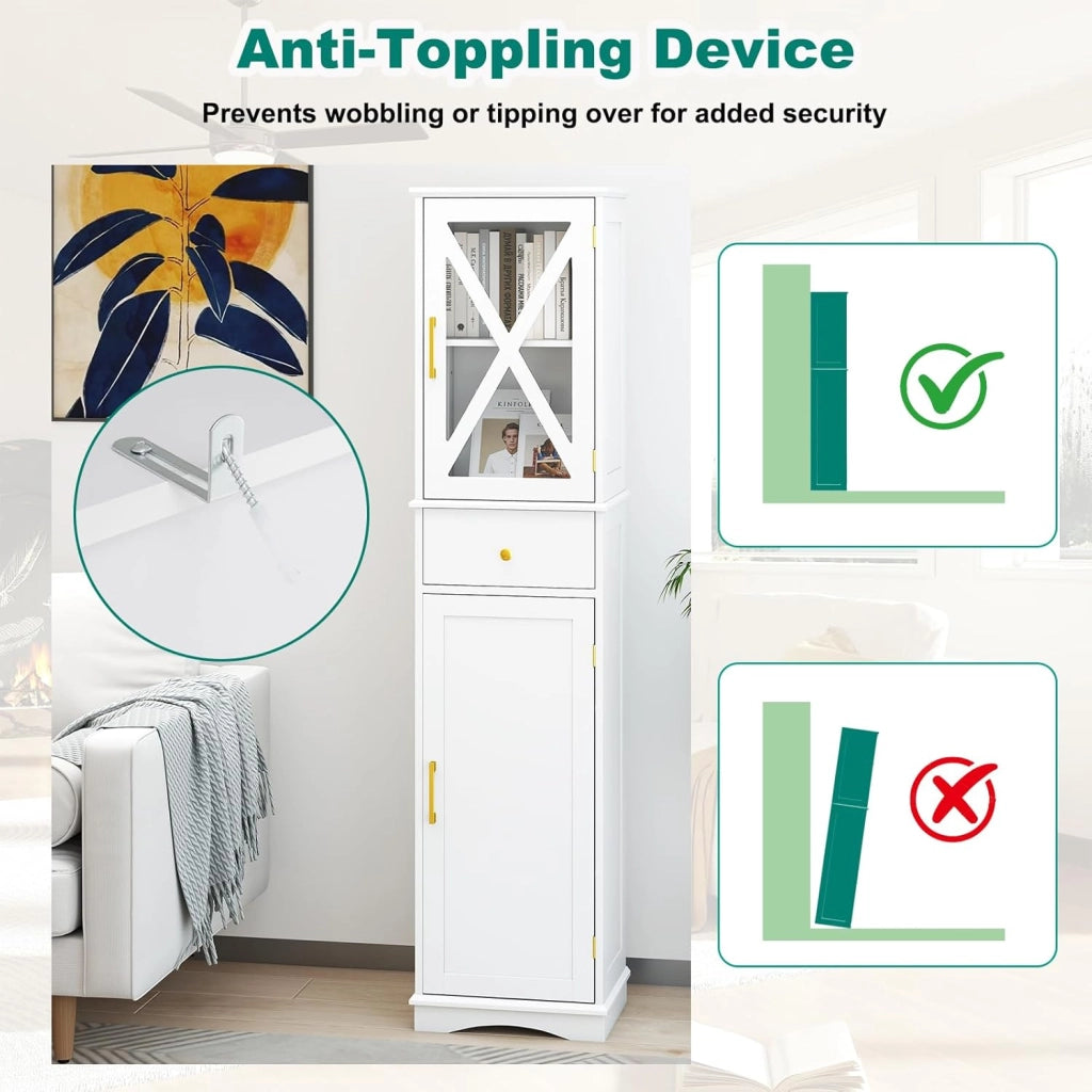 Armadietto da bagno, sottile con 2 ante, 1 cassetto e 3 ripiani regolabili, 40 x 30 x 168 cm, per cucina, soggiorno, bagno, ufficio (bianco)