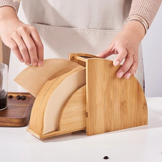 Sostegno per filtro della macchina del caffè in bambù, standard duraturo con dispenser per filtri quadrati, conici e piani per caffè in stile pour-over