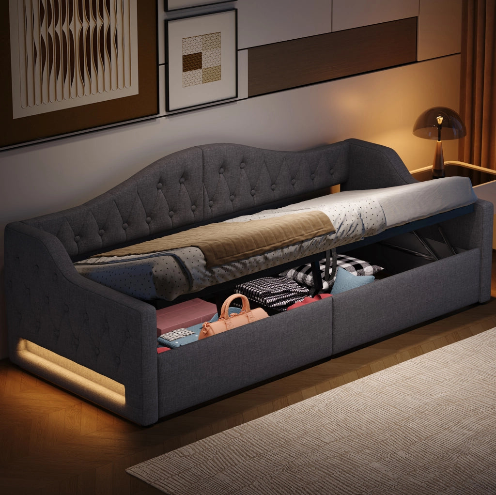 Letto 90x200 cm con contenitore e LED in MDF; multistrato e imbottito grigio