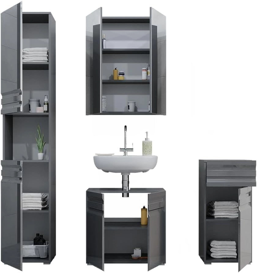 Set mobili bagno Fredd, Antracite lucido, 56 cm, composto da mobile lavabo, pensile a specchio, colonna e base media