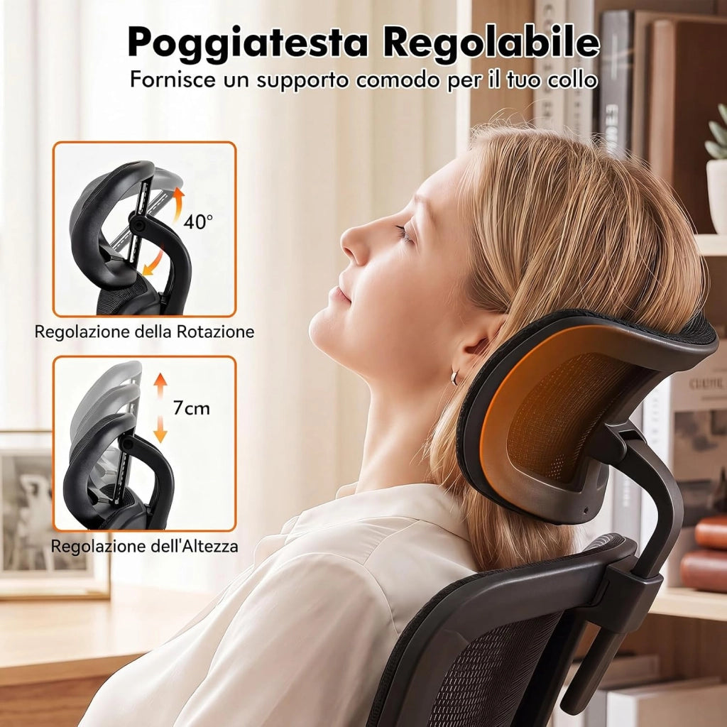Sedia da Ufficio Ergonomica, Schienale Reclinabile | Poggiatesta Regolabile e Supporto Lombare, Altezza Regolabile, Poltrona con Ruote per Studio, Portata 125 kg