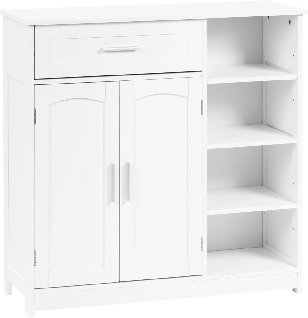 Mobile da Bagno Indipendente con 2 Ante 1 Cassetto 4 Ripiani Aperti, Regolabili in Altezza, Unità di Stoccaggio per Corridoio, Credenza da Cucina, 80x30x80,5 cm, Bianco