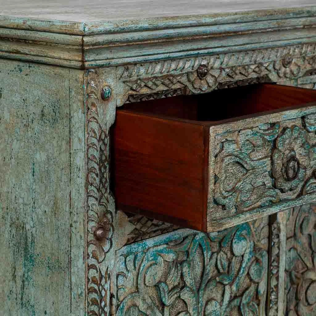 Credenza in legno blu intagliata a mano 180x45x96h cm