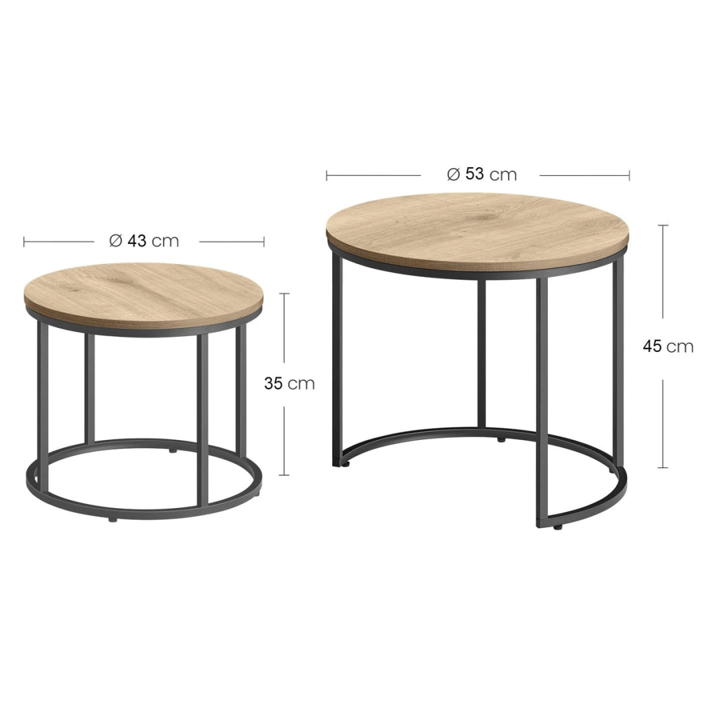 Set di 2 tavolini da caffè tondi stile industrial rovere e nero