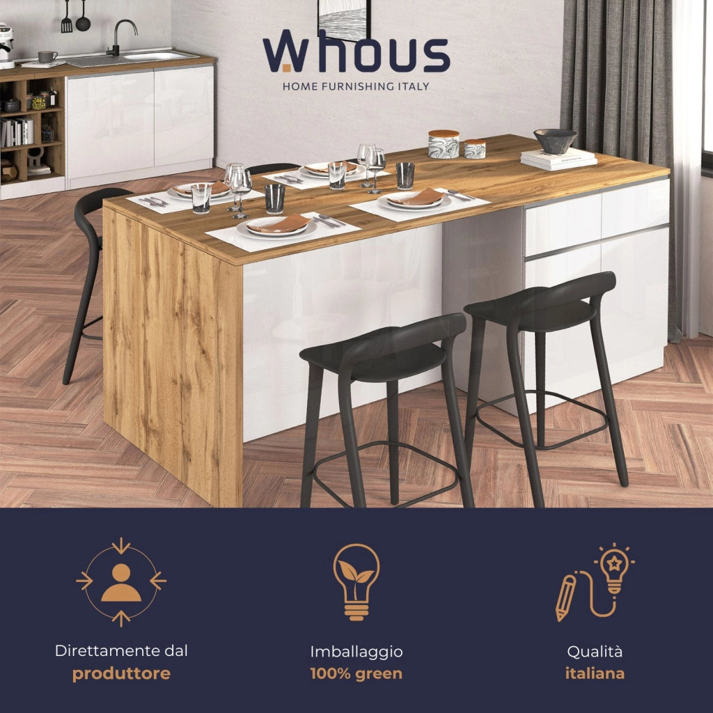 WHOUS Isola da cucina Sole a 4 ante e 4 cassetti bianco lucido e rovere 200x90x90 cm