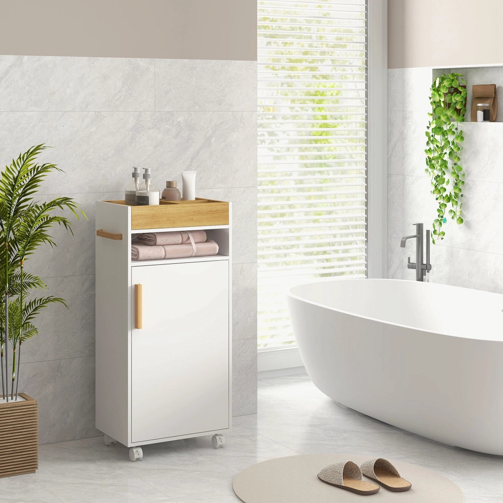 Armadietto da Bagno con Ripiani Regolabili e Ruote ¨C Zephmum ¨C Bianco e Rovere 40x30x88 cm