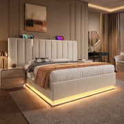 Letto matrimoniale 160x200 cm con contenitore; LED 360掳; ricarica USB e Type-C; lino beige