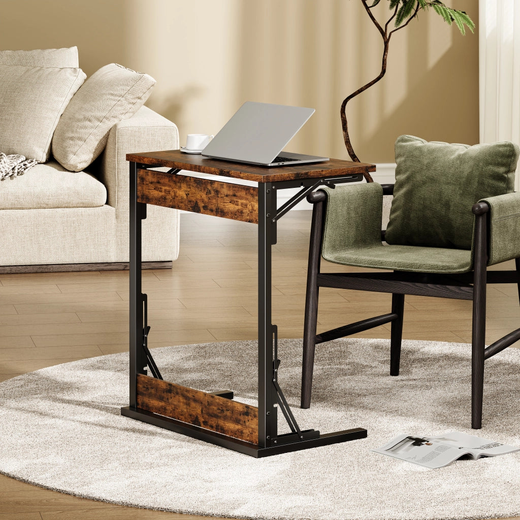 Tavolino basso a C pieghevole con struttura in metallo piano effetto legno per soggiorno e camera 60 × 37 × 71 cm
