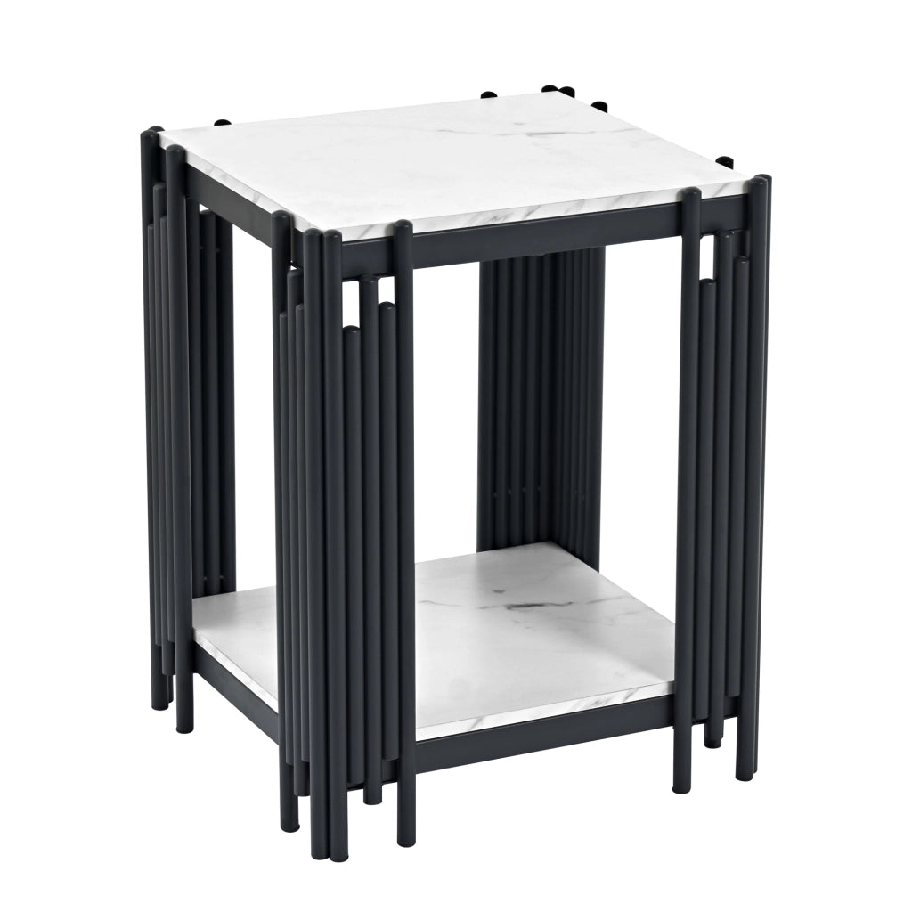 Comodino con 2 ripiani, struttura in metallo nero e piano in MDF effetto marmo, per camera da letto e soggiorno, bianco e nero, 43 × 40 × 55 cm