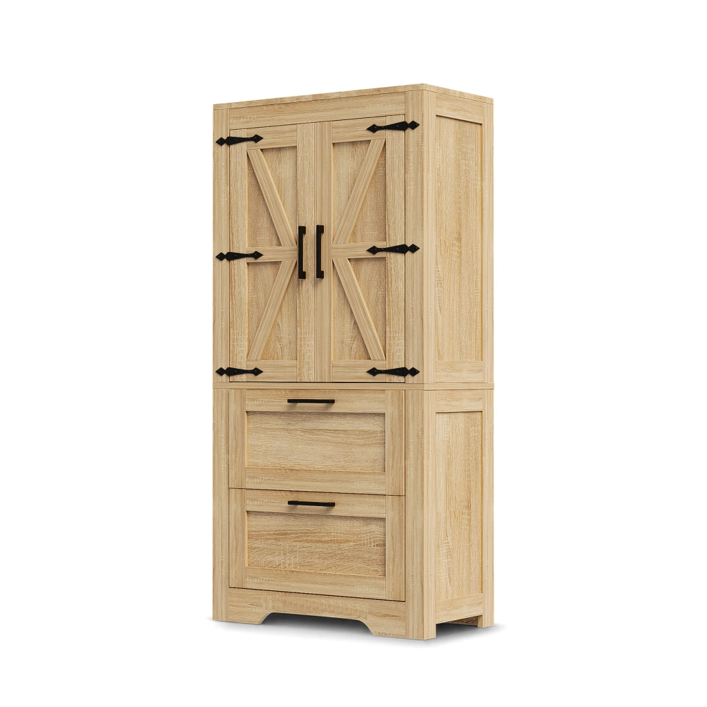 Credenza alta in stile rustico con 2 cassetti, ripiani regolabili e struttura in MDF, colore naturale