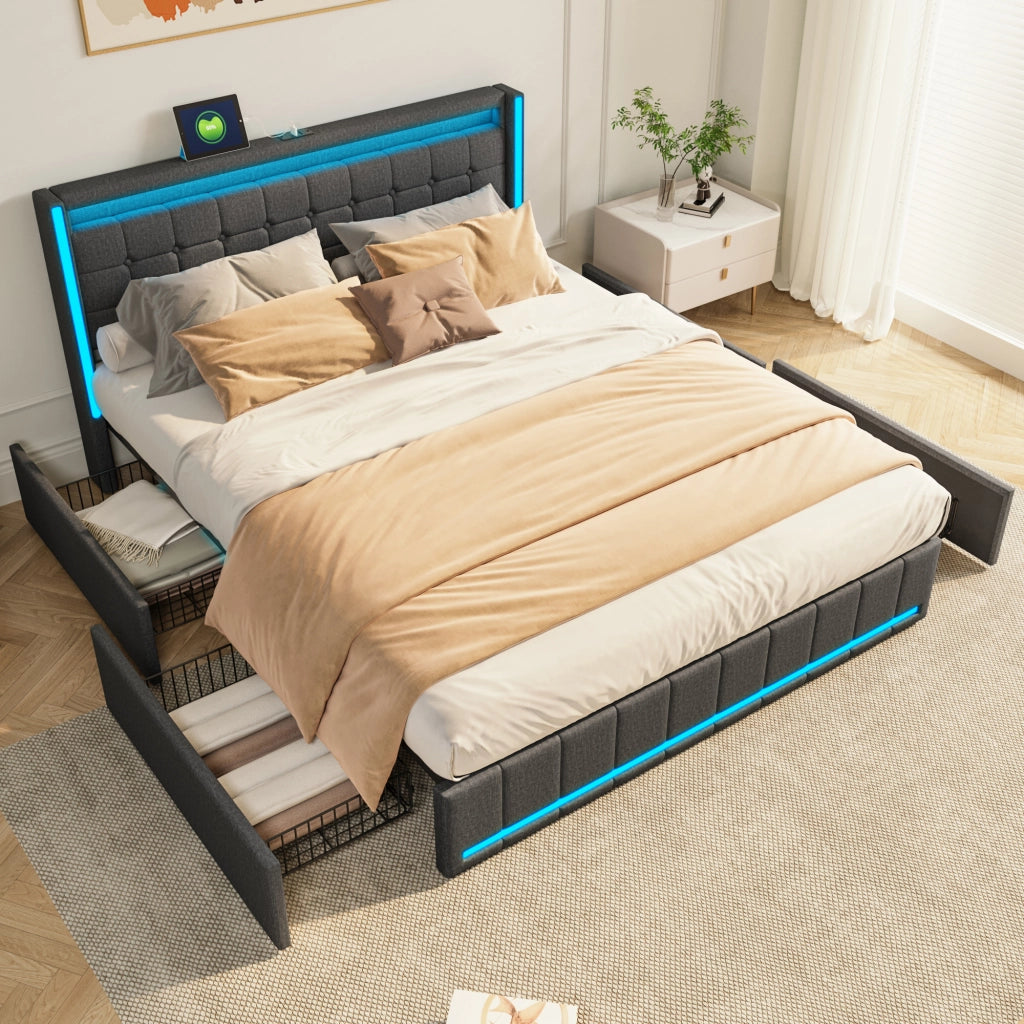Letto 140x200 cm con cassetti; LED e USB; grigio scuro