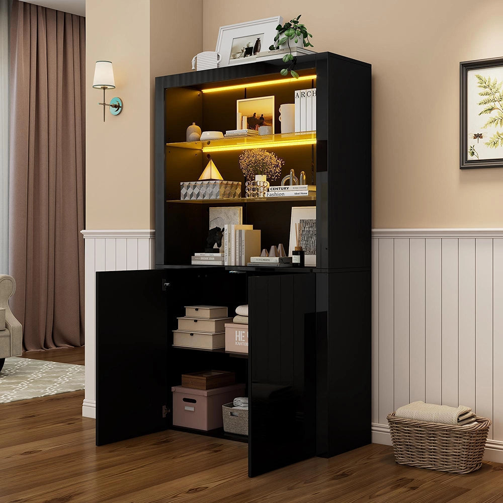 Credenza Vetrina 100x35x170cm - Xylo - Luci LED e Ripiani in Vetro, Colore Nero