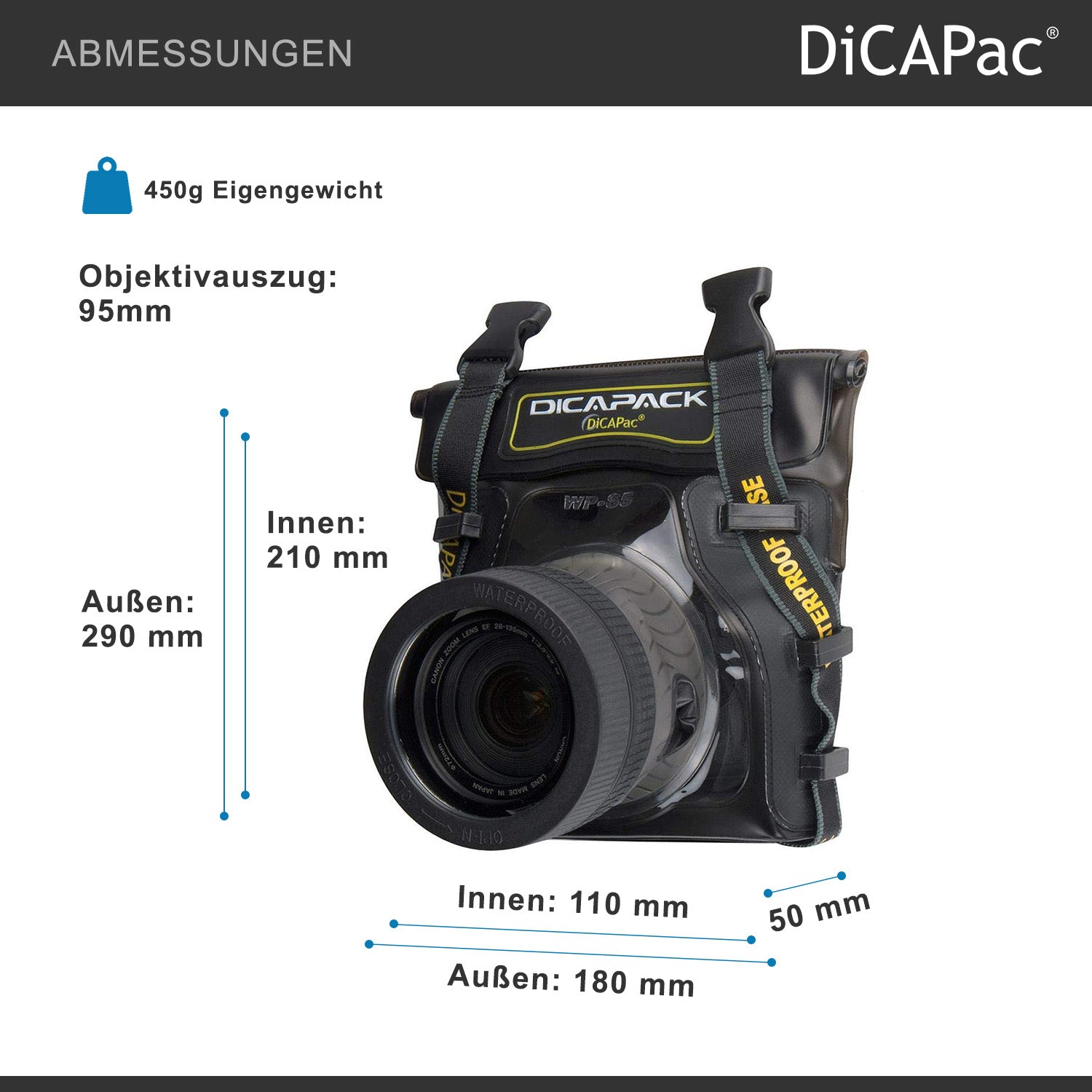 DiCAPac WP-S5 Borsa impermeabile per fotocamera con obiettivo, custodia subacquea, protezione dall'acqua fino a 5 metri di profondità, nera e marrone scuro