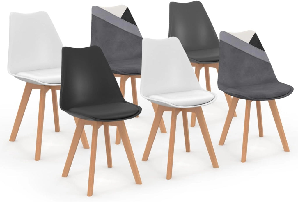 Set di 6 sedie scandinave SARA in velluto patchwork grigio scuro, bianco, nero e nero, grigio e bianco