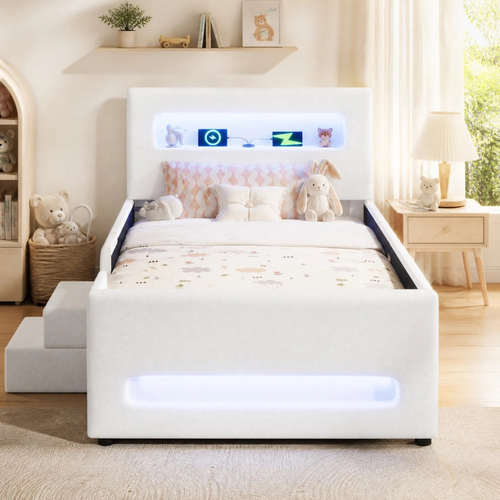 LETTO con cassetto 90x200 cm in PU bianco con LED