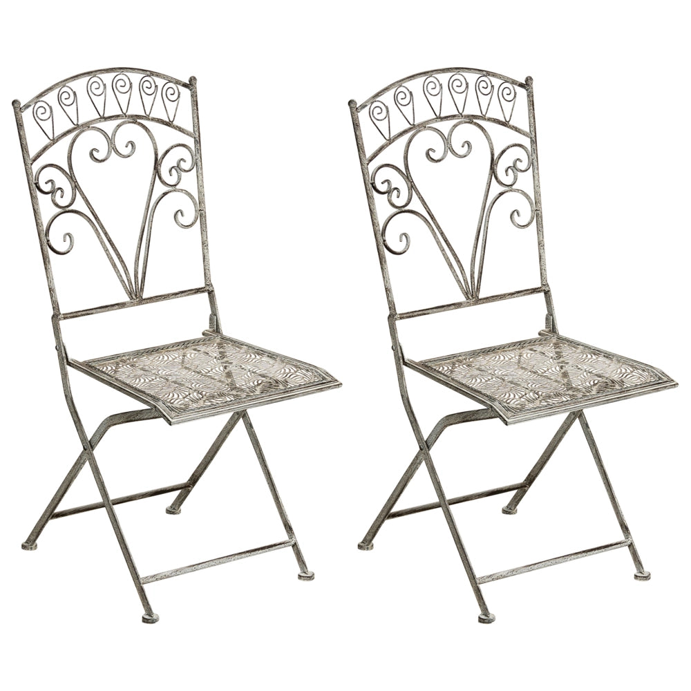 Set di 2 sedie da giardino in metallo grigio con struttura in ferro, pieghevoli e in stile vintage.