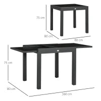 Tavolo da Pranzo Allungabile da Giardino con Piano in Vetro e Alluminio, 80-160x80x75 cm, Nero