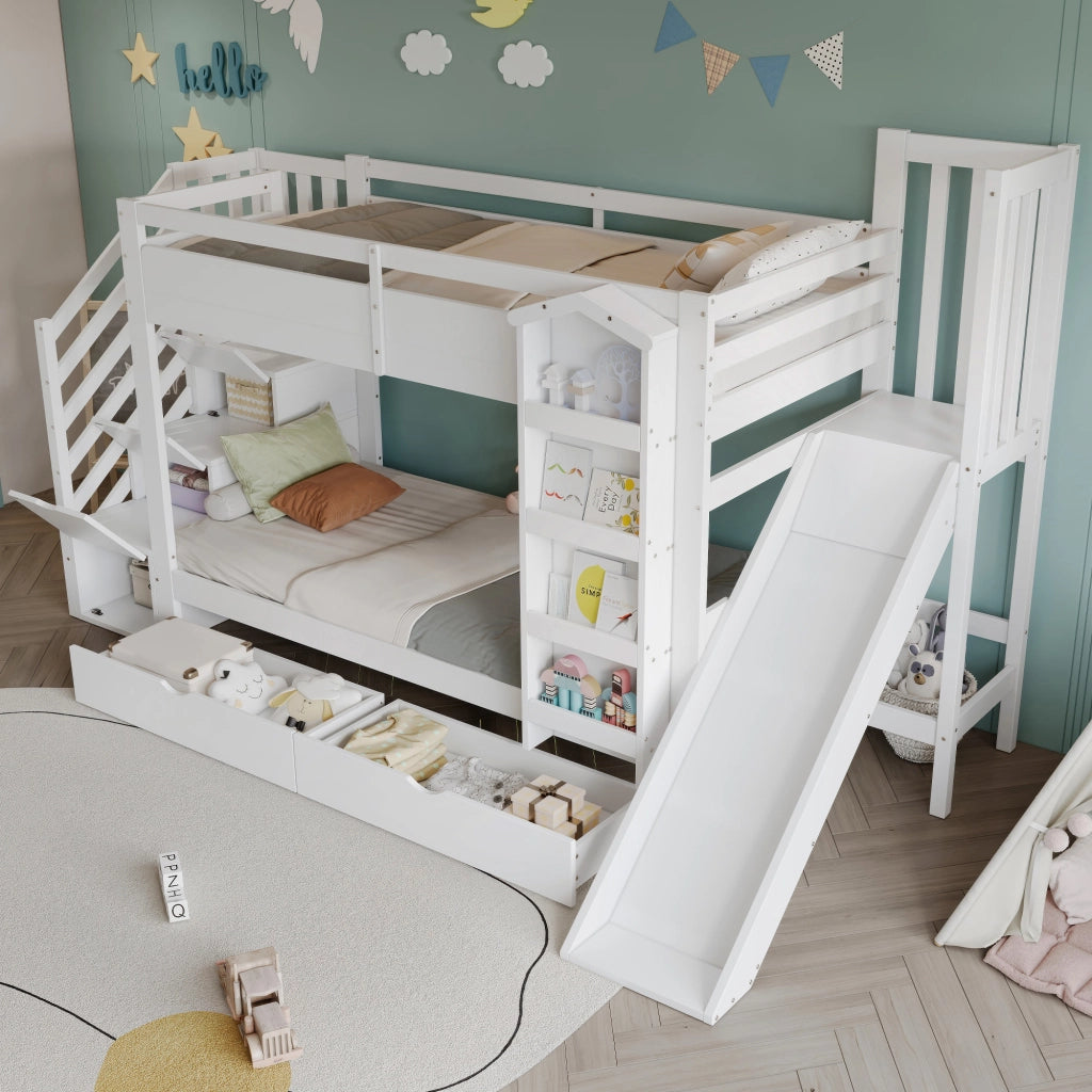 DESMIU Letto a Soppalco Bambino 1 Posto con Scivolo, Libreria, 2 Cassetti e Scala 90 × 200 cm Senza Materasso