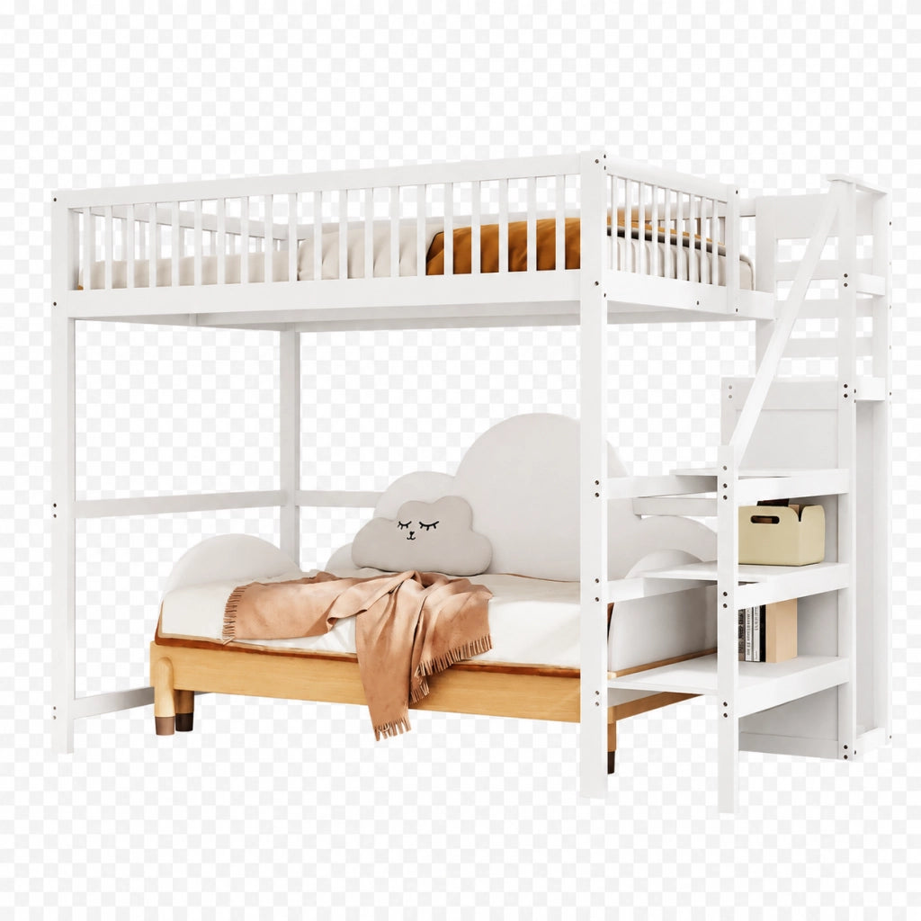 Letto a soppalco 140x200 cm con scala e armadio; legno; bianco (Senza materasso)
