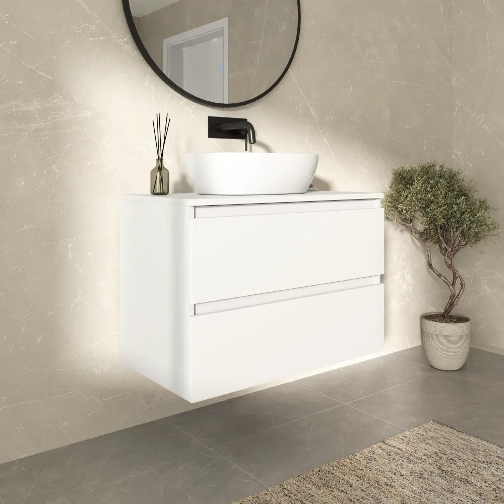 Mobile bagno sospeso 60cm due cassetti bianco opaco con top | Hexa
