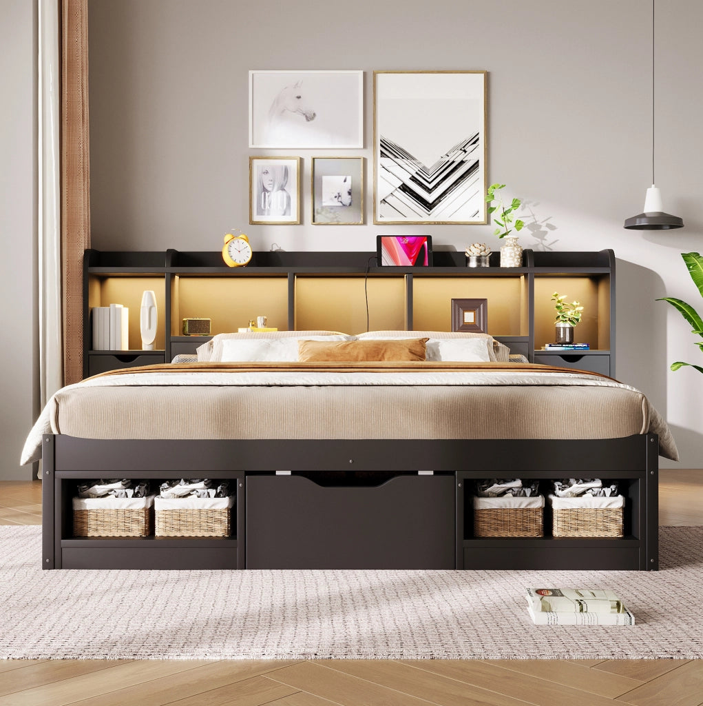 Letto platform 140 x 200 cm con 3 cassetti; vani portaoggetti; LED e USB; nero