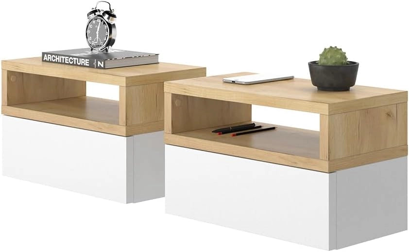 Comodino camera da letto Urbano, Quercia dorata, Set di 2, montabile a parete per un utilizzo salvaspazio in camera da letto