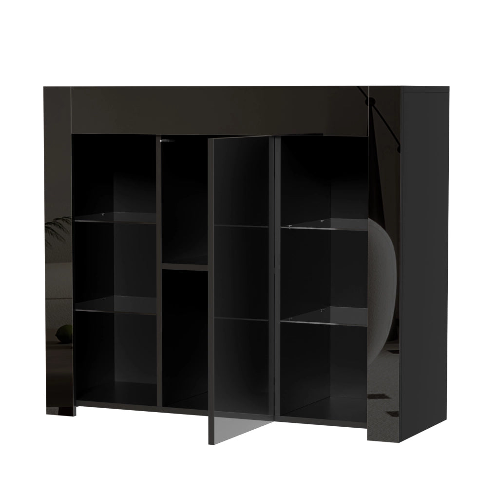 Buffet 95x35x83 cm con ripiani in vetro e anta; frontale lucido in pannello truciolare nero