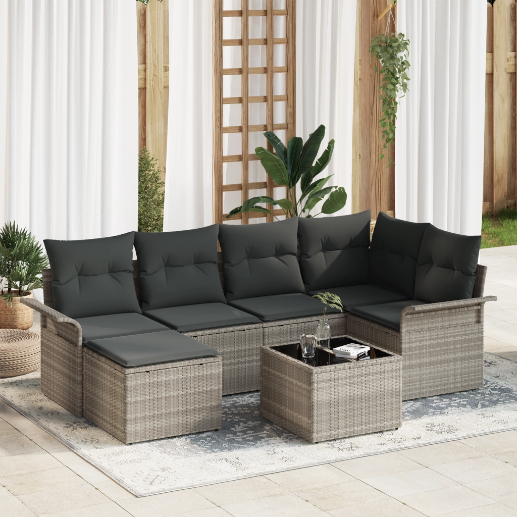 Set di divani da giardino a 7 pezzi con cuscini grigio polietilene