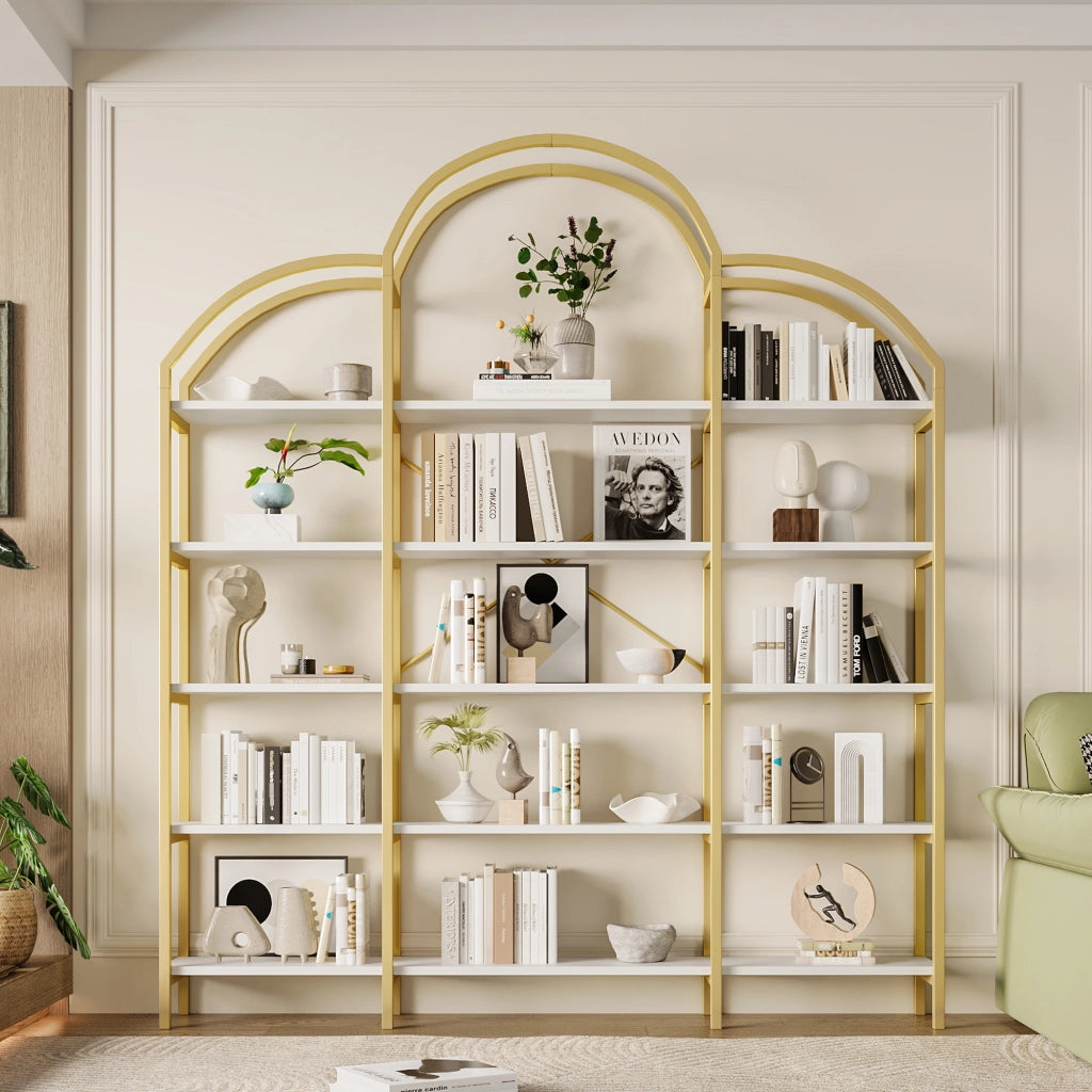 OKWISH Scaffale a 5 Ripiani con Decorazione a Nuvola, Contenitore per Soggiorno o Studio, Metallo e MDF, Bianco e Oro, 170 × 26 × 190 cm