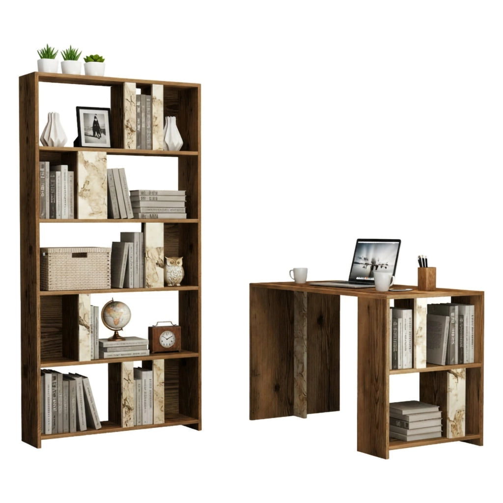 Scrivania Atene, Scrittoio multiuso, Tavolo per ufficio porta PC con libreria, 120x60h75 cm, Noce e Bianco Marmo