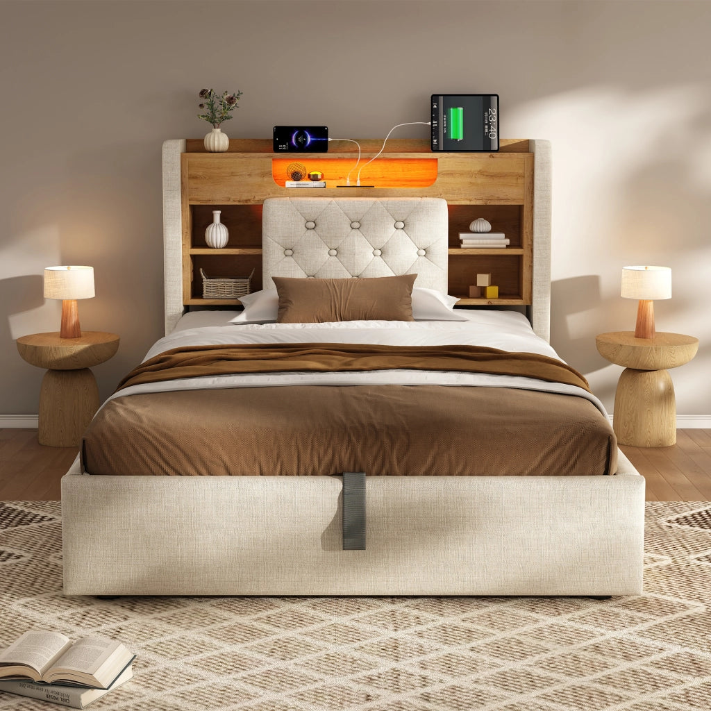 Letto contenitore 90 × 200 cm con illuminazione LED, USB e Type-C, testiera con ripiani, senza materasso, beige