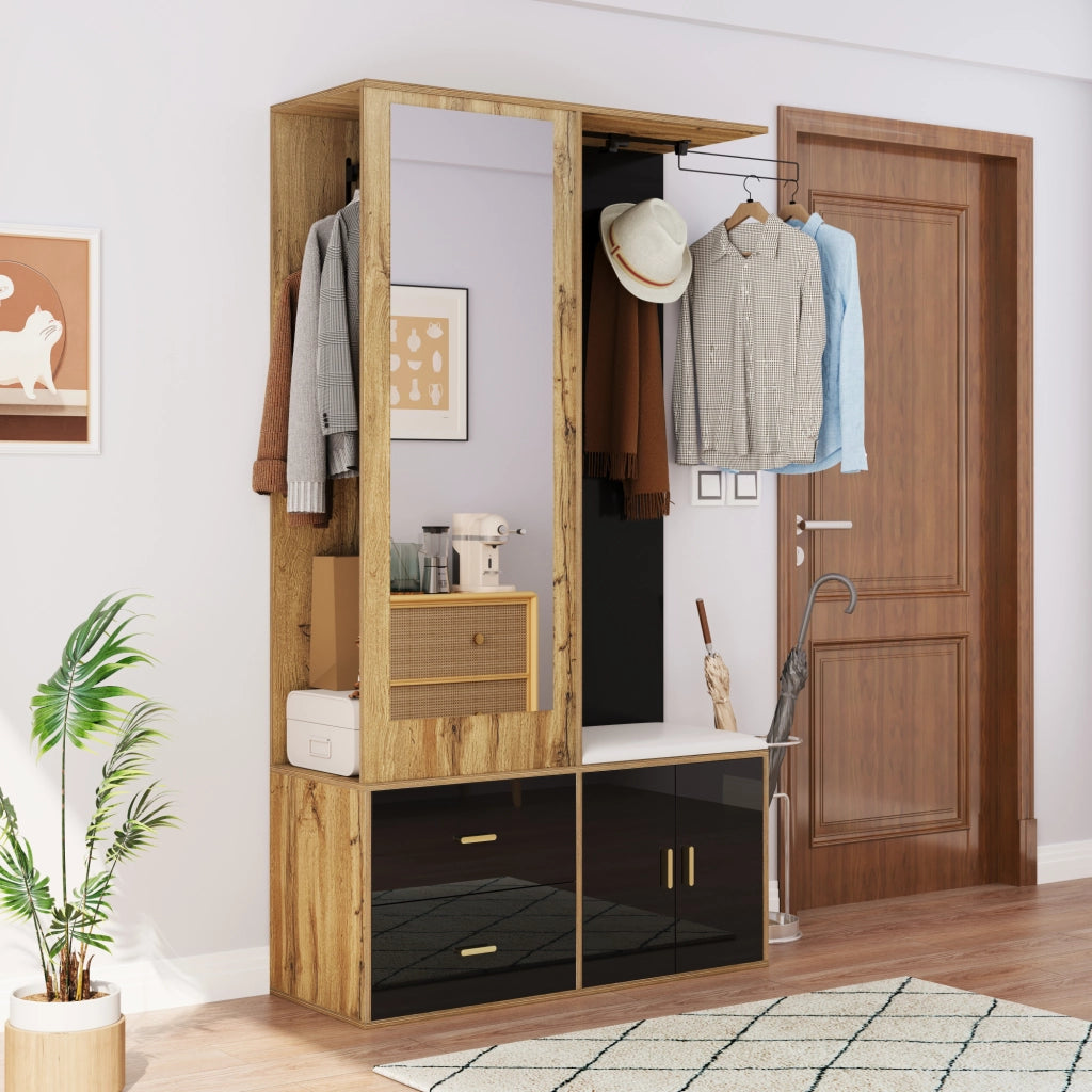 Set mobili da ingresso con specchio, panca portascarpe, scarpiera e appendiabiti, in truciolare nero naturale
