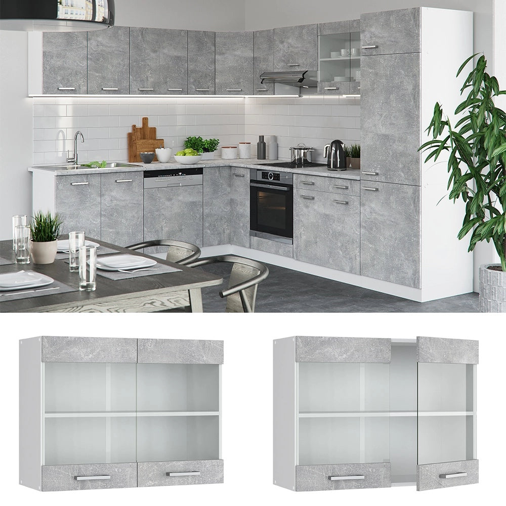 Mobile da cucina in vetro R-Line Calcestruzzo/Bianco 80 cm Vicco
