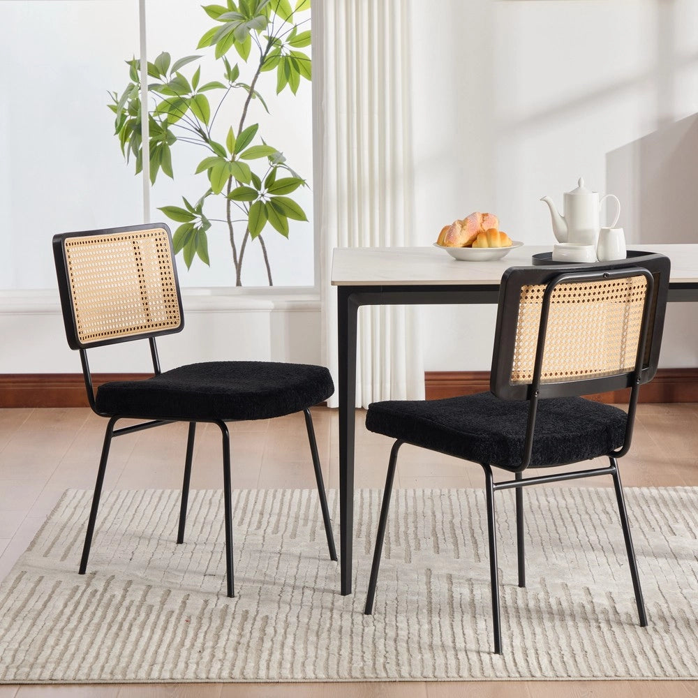Sedie da Pranzo Set 2 Pezzi in Tessuto Chenille ¨C MINIMAL ¨C Gambe Metallo, Schienale Legno Massello, Effetto Rattan, Nero