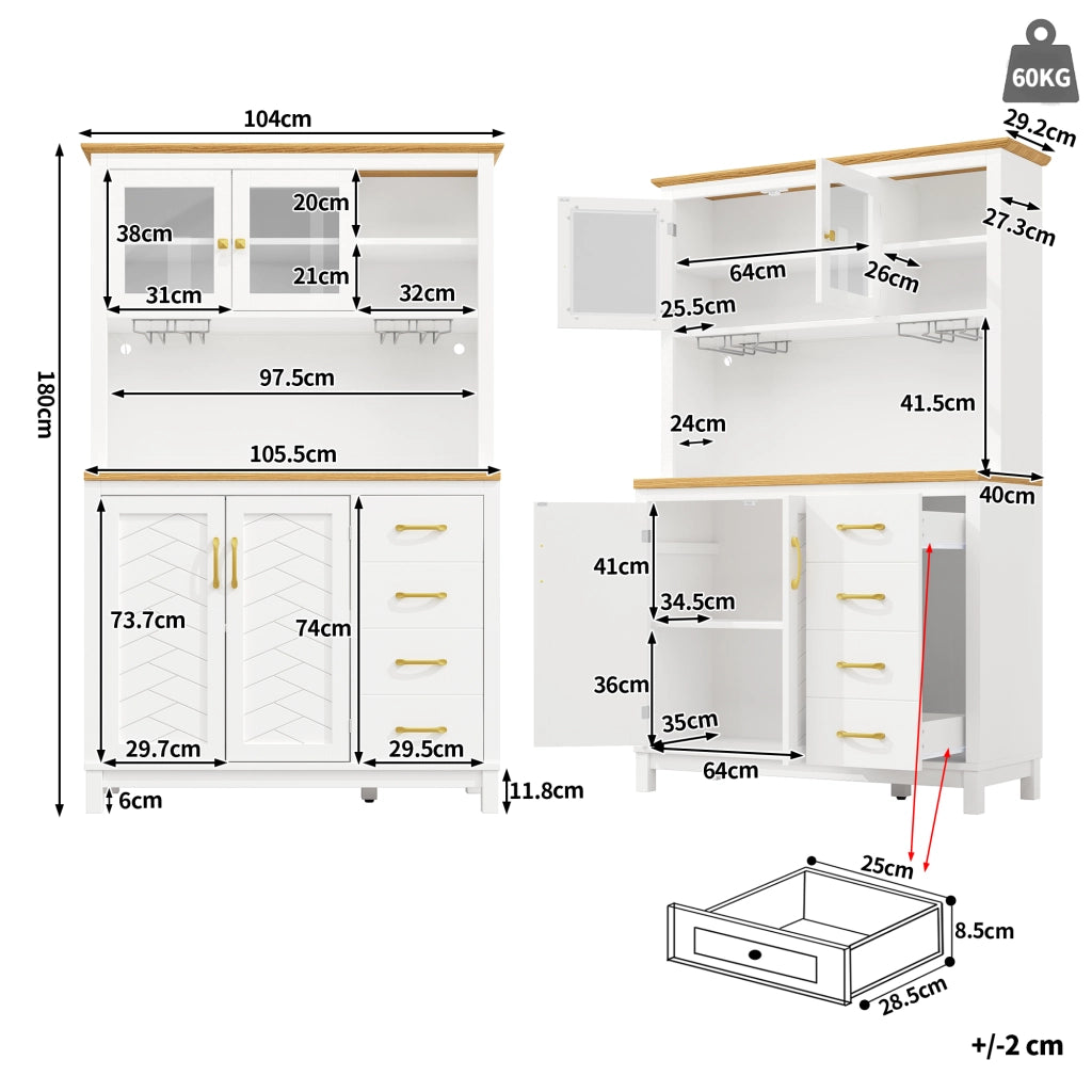 Credenza da Cucina con Vani Contenitore e Cassetti; LED Regolabile; in MDF; per Cucina; 105.5x40x180 cm; Bianco
