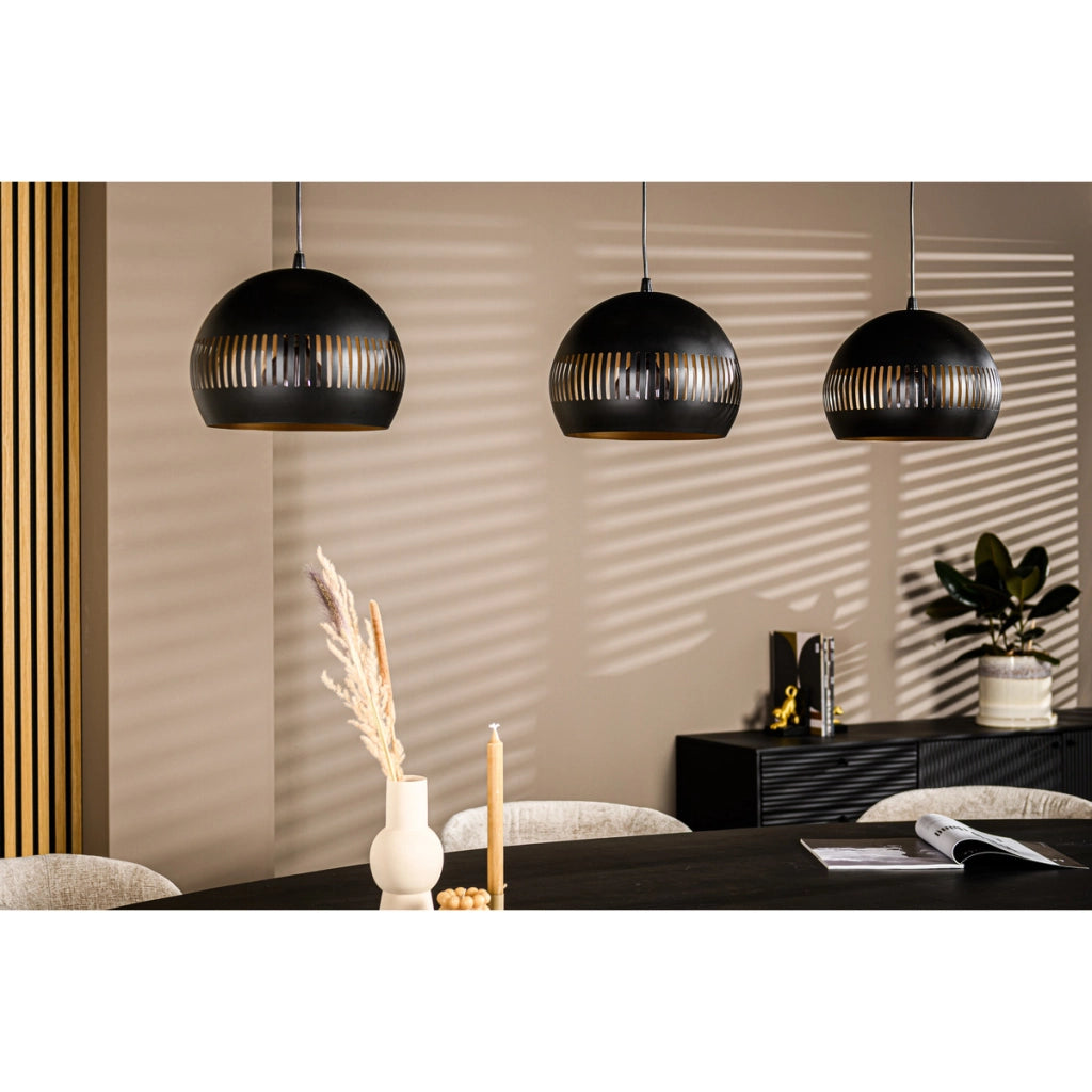Sospensione lineare H340 nera a 3 luci con cupole in metallo, versione compatta