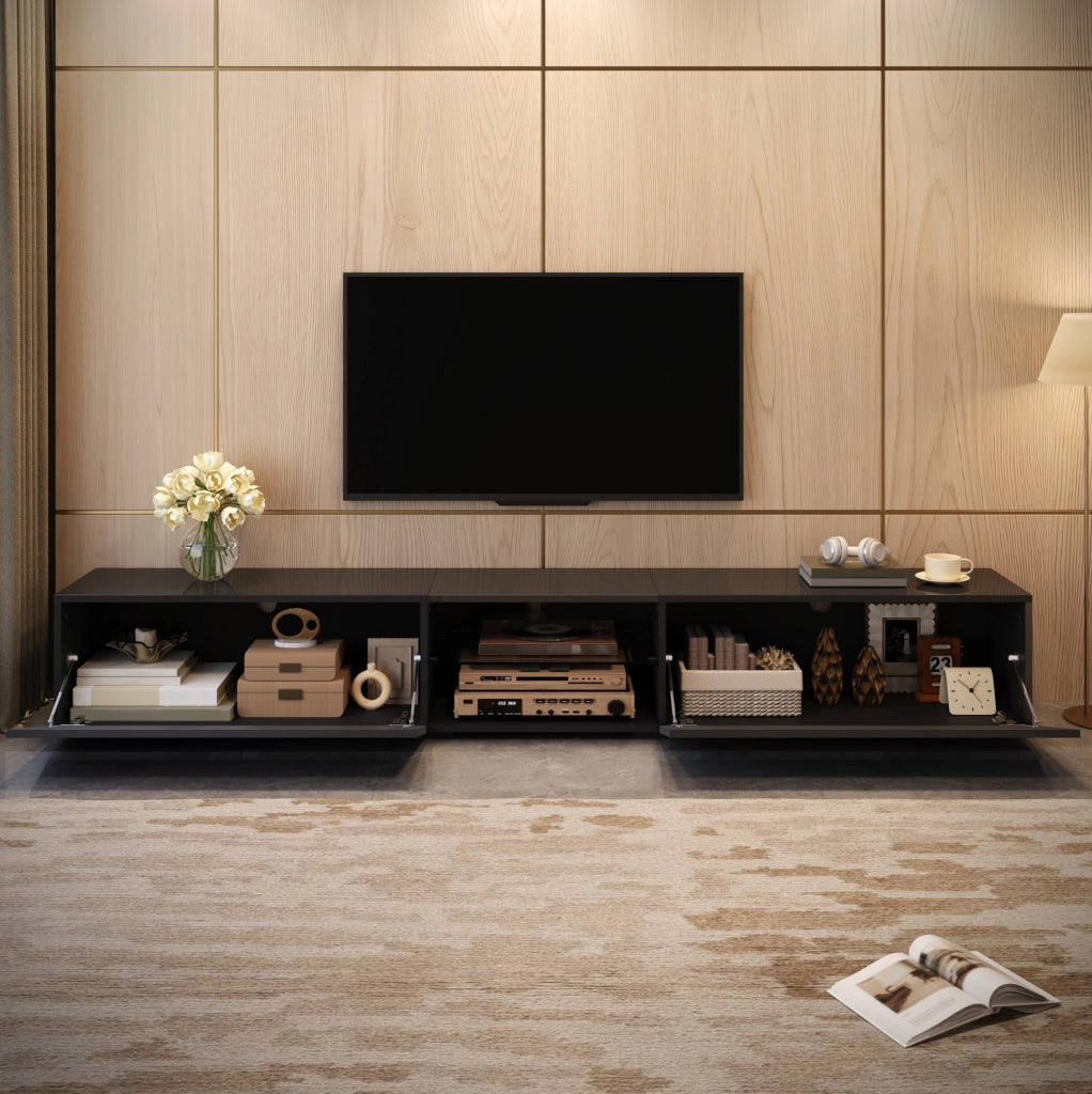 Mobile TV moderno 200x30x30 cm con LED app; ante lucide; MDF e truciolare; nero