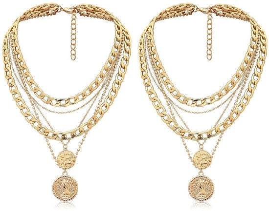 Set di Catenelle a 2 pezzi - Catenelle a Guscio in Oro - Catenelle Spesse - Pendente Circolare - Choker Boho - Materiale di Alta Qualità - Accessori da Donna